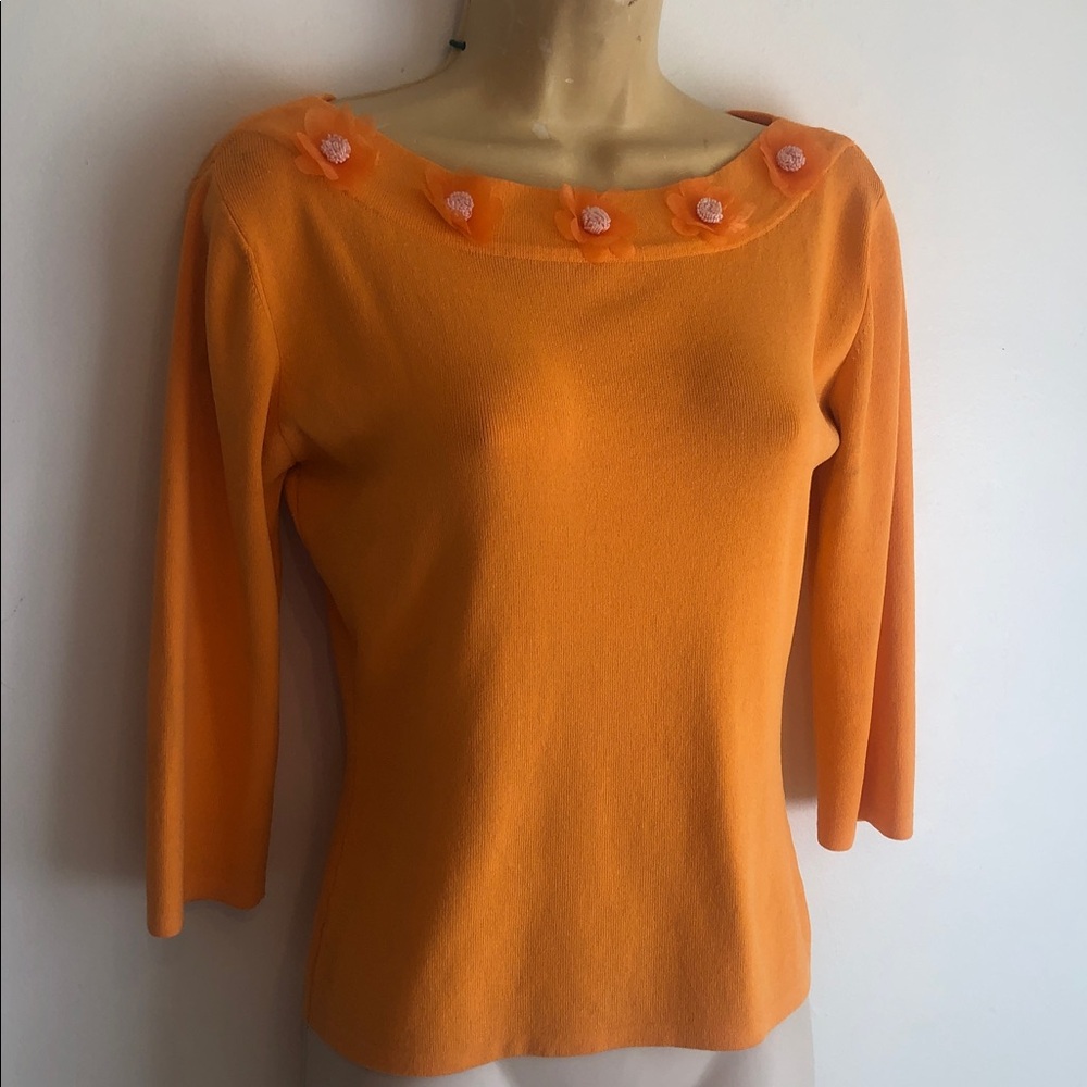 Woman’s rare fall silk Vibrant Orange Knit Top with Floral Trim